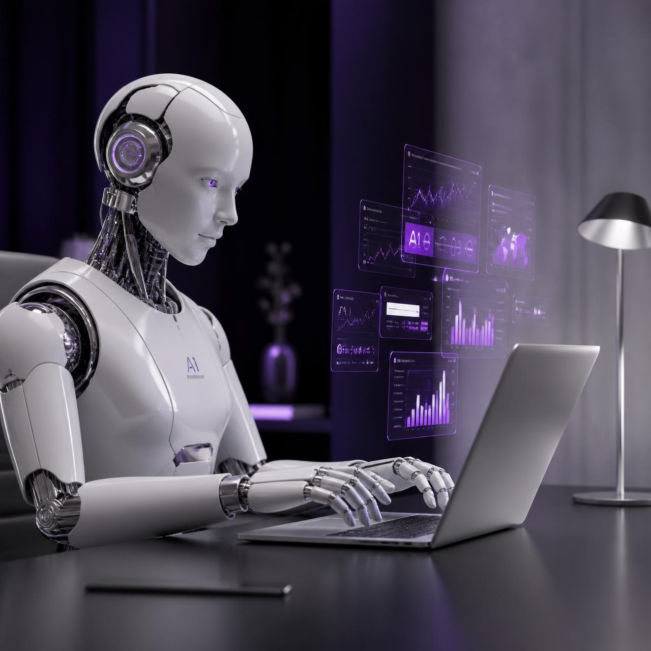 Humanoid AI robot typing on a laptop with holographic purple interfaces